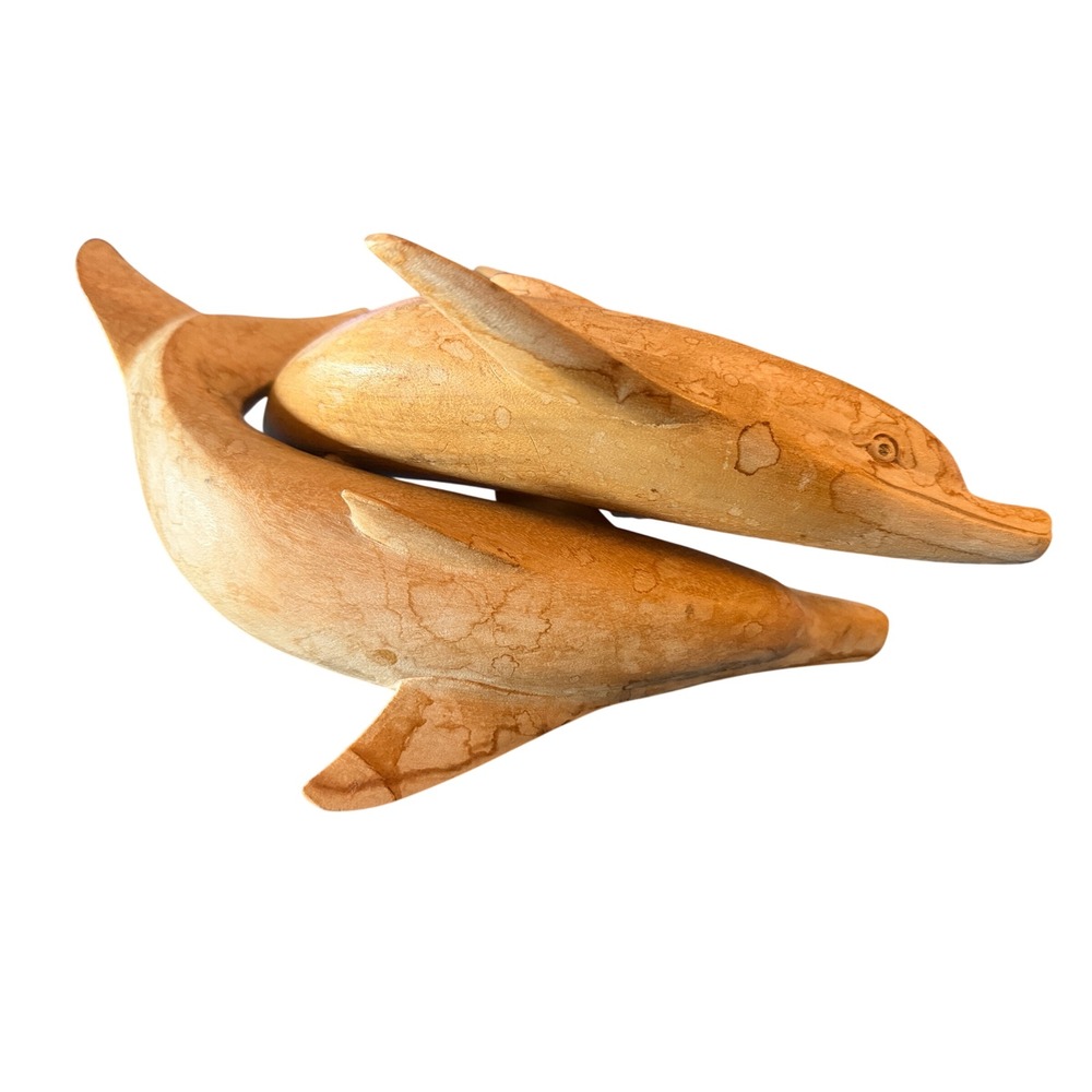 Dolphin Sculpture Home Decor Hand Carved Wood Duo